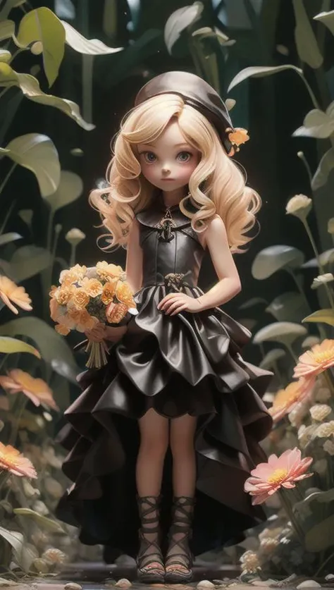 Full Fantasy Flower,<lora:Full Fantasy 000008:0.7>,holding flowers in hand,flower sea,creek,hat,forest,black dress,