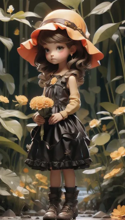 Full Fantasy Flower,<lora:Full Fantasy 000008:0.7>,holding flowers in hand,flower sea,creek,hat,forest,black dress,