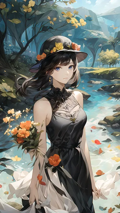Full Fantasy Flower,<lora:Full Fantasy 000008:0.7>,holding flowers in hand,flower sea,creek,hat,forest,black dress,