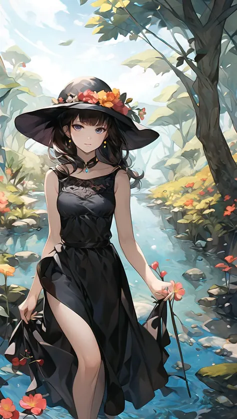Full Fantasy Flower,<lora:Full Fantasy 000008:0.7>,holding flowers in hand,flower sea,creek,hat,forest,black dress,