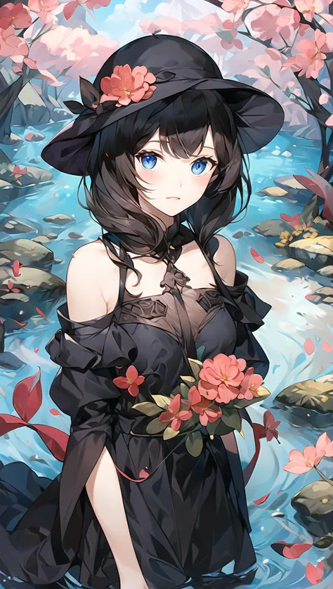 Full Fantasy Flower,<lora:Full Fantasy 000008:0.7>,holding flowers in hand,flower sea,creek,hat,forest,black dress,