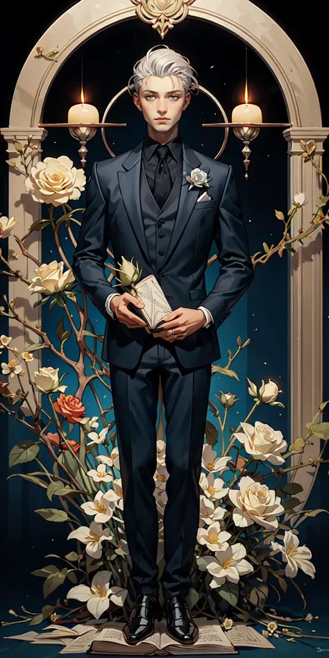 (best quality, masterpiece:1.3),1boy,solo,
silver hair, bright pupils, short hair, hair slicked back,expressionless, black suit,
full body, holding book, open book,
poet, candlelight, (blue rose), astrology chart background, art deco,
flower sea,Full Fantasy Flower,Flower s wedding <lora:Full Fantasy Flower Flower s wedding dress_20231227014032:0.5>
