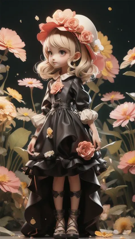 Full Fantasy Flower,<lora:Full Fantasy 000008:0.7>,holding flowers in hand,flower sea,creek,hat,forest,black dress,