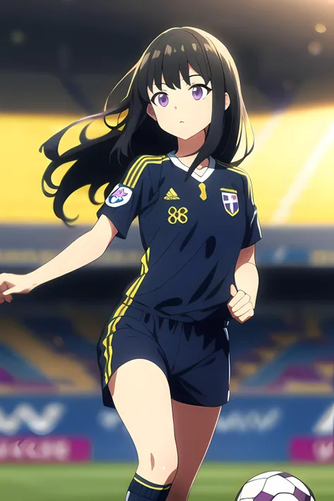 takina inoue, (ultra-detailed), 8K, ultra high res, (1girl), finely detailed beautiful eyes, black hair, breasts, small breasts, long hair, purple eyes, light on face, light on body, solo, slim body, slim thighs, ((masterpiece)), sunshine light, stadium, (soccer), (playing soccer), (soccer player outfit), <lyco:takinaInoueLycoris_v08:0.7>