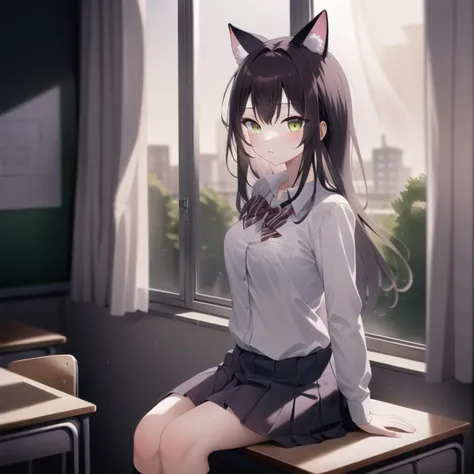 [high quality, best quality], 1girl, solo, [cat_girl], yunpei <lora:yunpei:0.75>, school_uniform, sitting, classroom, window, curtains, (makeup, eyeshadow:0.25)