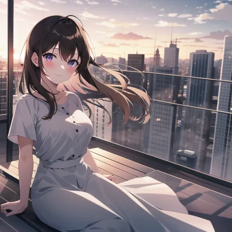 high quality, best quality, masterpiece, absurdres, 1girl, rooftop, sunset, smile, looking_at_viewer, blush