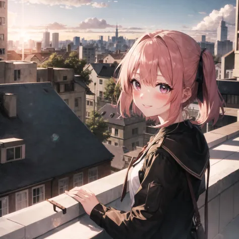 (high quality, best quality), 1girl, solo, shaded_face, dim, looking_at_viewer, smile, blush, rooftop, sunset, lens_flare, backlighting, rim lightings, hdr