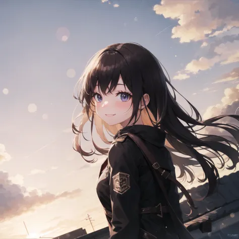 (high quality, best quality), 1girl, solo, shaded_face, dim, looking_at_viewer, smile, blush, rooftop, sunset, lens_flare, backlighting, rim lightings, hdr