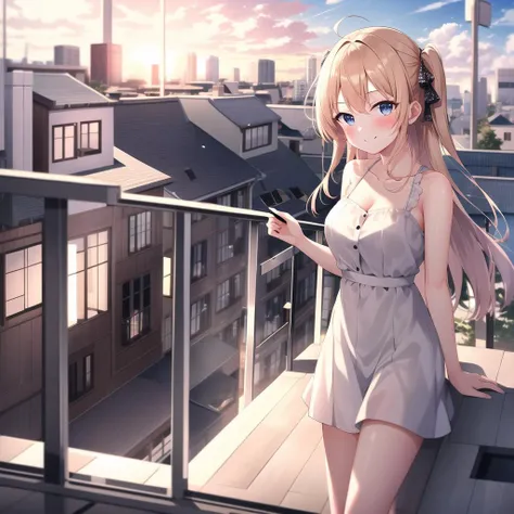 high quality, best quality, masterpiece, absurdres, 1girl, rooftop, sunset, smile, looking_at_viewer, blush