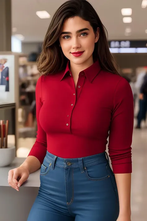 photo of beautiful (jg_jcon-step-350:0.99), a woman, (sfw tight fashion shirt:1.2), (long jeans), in a departmentn store, natural light, (masterpiece:1.2) (photorealistic:1.2) (best quality) (detailed skin:1.2) (intricate details) (8k) (HDR) (cinematic lighting) (sharp focus), (looking at the camera:1.1), (closeup portrait:1.1), (grin512:.2), (red lips)