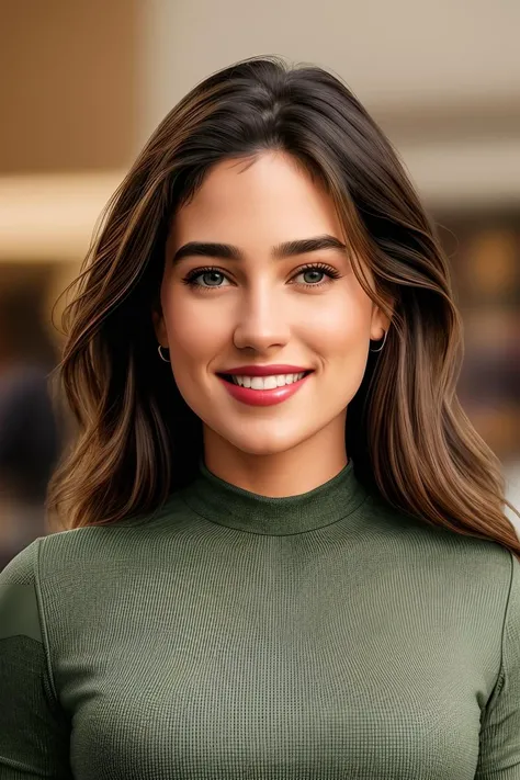 photo of beautiful (jg_jcon-step-350:0.99), a woman, (sfw tight fashion shirt:1.2), (long jeans), in a departmentn store, natural light, (masterpiece:1.2) (photorealistic:1.2) (best quality) (detailed skin:1.2) (intricate details) (8k) (HDR) (cinematic lighting) (sharp focus), (looking at the camera:1.1), (closeup portrait:1.1), (smile512), (painted lips)