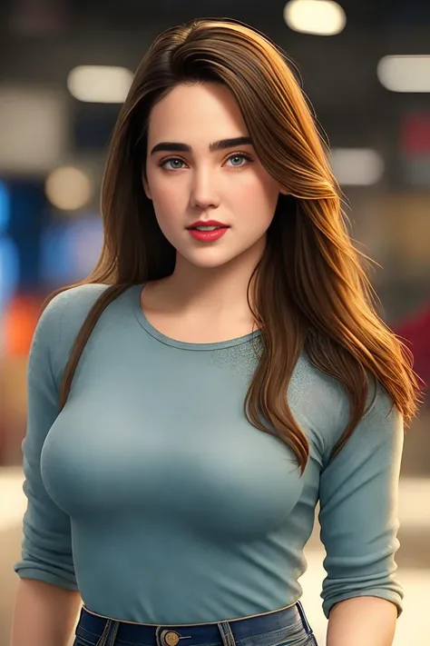 photo of beautiful (jenn1f1850:0.99), a woman, (sfw tight fashion shirt:1.2), (long jeans), in a departmentn store, natural light, (masterpiece:1.2) (photorealistic:1.2) (best quality) (detailed skin:1.2) (intricate details) (8k) (HDR) (cinematic lighting) (sharp focus), (looking at the camera:1.1), (closeup portrait:1.1), (grin512:.2), (red lips)