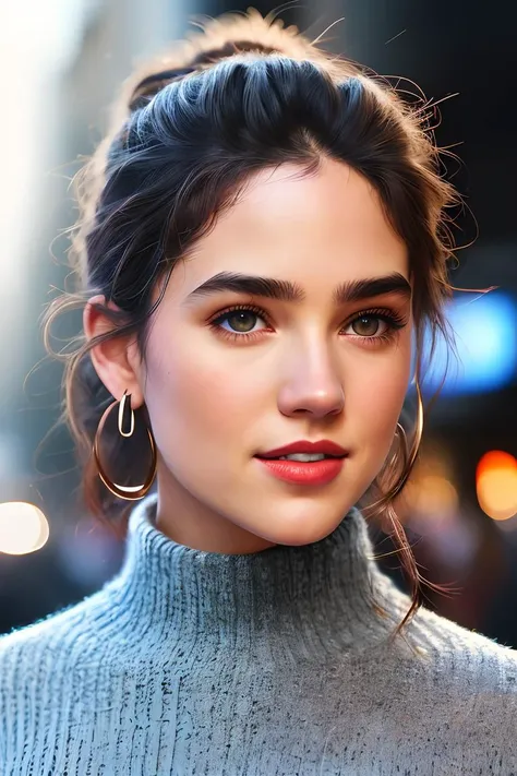 photo of (jg_jcon-step-350:0.99), a woman as a movie star, modelshoot style, (extremely detailed CG unity 8k wallpaper), photo of the most beautiful artwork in the world, professional majestic oil painting by Ed Blinkey, Atey Ghailan, Studio Ghibli, by Jeremy Mann, Greg Manchess, Antonio Moro, trending on ArtStation, trending on CGSociety, Intricate, High Detail, Sharp focus, dramatic, photorealistic painting art by midjourney and greg rutkowski, (sexy knitted sweater), (long jeans:1.2), ((movie premiere)), ((standing near a movie theater)), ((paparazzi in the background)), (looking at viewer:1.2), (detailed pupils:1.3), (modern outfit:1.2), ((closeup portrait:1.2)), red lips, hoop earrings