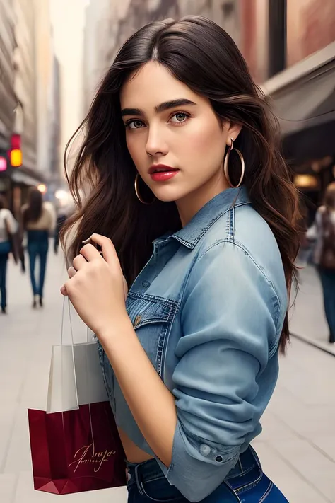 photo of (jg_jcon-step-350:0.99), a woman, modelshoot style, (extremely detailed CG unity 8k wallpaper), photo of the most beautiful artwork in the world, professional majestic oil painting by Ed Blinkey, Atey Ghailan, Studio Ghibli, by Jeremy Mann, Greg Manchess, Antonio Moro, trending on ArtStation, trending on CGSociety, Intricate, High Detail, Sharp focus, dramatic, photorealistic painting art by midjourney and greg rutkowski, (tight shirt), (long jeans:1.2), ((department store)), ((holding a shopping bag)), (looking at viewer:1.2), (detailed pupils:1.3), (modern outfit:1.2), ((closeup portrait:1.2)), red lips, hoop earrings