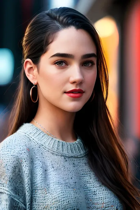 photo of (jg_jcon:0.99), a woman as a movie star, modelshoot style, (extremely detailed CG unity 8k wallpaper), photo of the most beautiful artwork in the world, professional majestic oil painting by Ed Blinkey, Atey Ghailan, Studio Ghibli, by Jeremy Mann, Greg Manchess, Antonio Moro, trending on ArtStation, trending on CGSociety, Intricate, High Detail, Sharp focus, dramatic, photorealistic painting art by midjourney and greg rutkowski, (sexy knitted sweater), (long jeans:1.2), ((movie premiere)), ((standing near a movie theater)), ((paparazzi in the background)), (looking at viewer:1.2), (detailed pupils:1.3), (modern outfit:1.2), ((closeup portrait:1.2)), red lips, hoop earrings