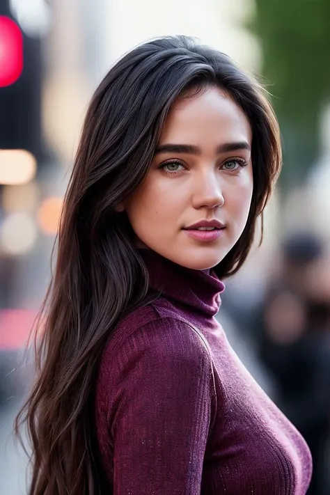 photo of extremely sexy (jenn1f1850:0.99), a woman as a movie star, (backcombed hair) 80s style, modelshoot style, (extremely detailed CG unity 8k wallpaper), photo of the most beautiful artwork in the world, professional majestic oil painting by Ed Blinkey, Atey Ghailan, Studio Ghibli, by Jeremy Mann, Greg Manchess, Antonio Moro, trending on ArtStation, trending on CGSociety, Intricate, High Detail, Sharp focus, dramatic, photorealistic painting art by midjourney and greg rutkowski, (red turtleneck top:1.2), ((movie premiere)), ((standing near a movie theater)), ((paparazzi in the background)), (looking at viewer:1.2), (detailed pupils:1.3), (hands on hips), closeup portrait