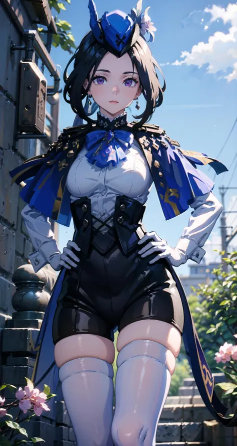 1girl,black hair,purple eyes,hat,clorinde_outfit,standing,facing viewer,hand on hip,<lora:clorinde-20:1> ,peach blossom grove,