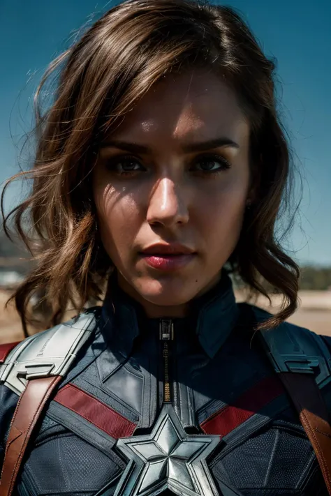 A stunning intricate full color up close portrait of jba, dressed as female captain America outfit, epic character composition, by ilya kuvshinov, alessio albi, nina masic, sharp focus, natural lighting, subsurface scattering, f2, 35mm, <lora:JessicaAlba-RealVision-V1.0:1>