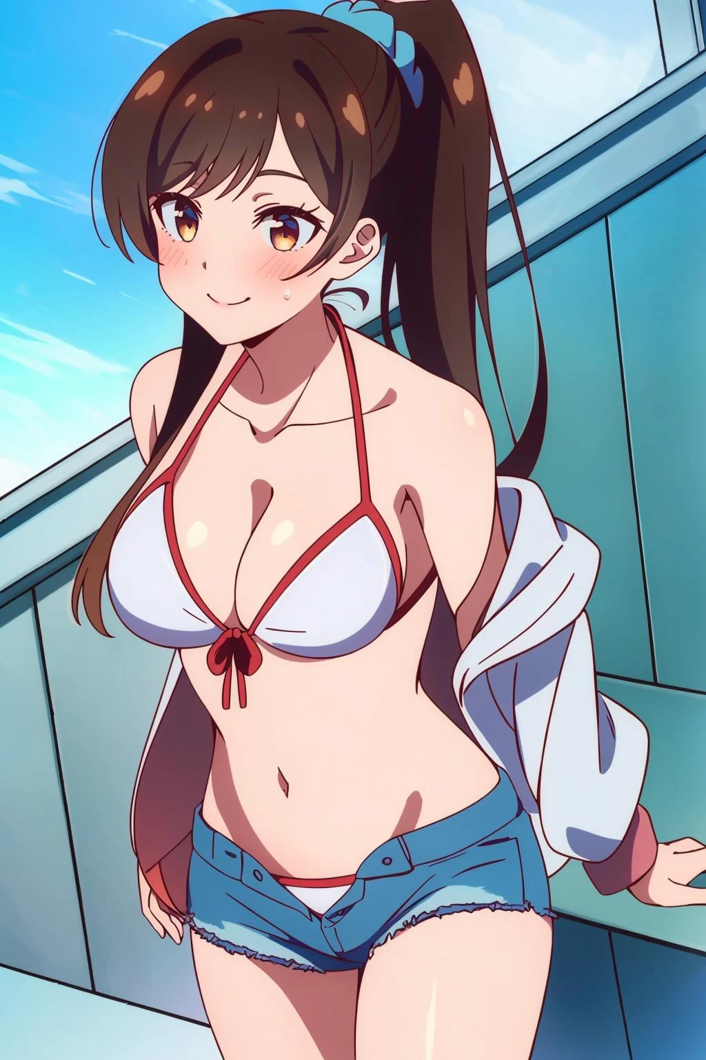 <lora:æ°´åå鹤1V-000010:0.8>,1girl,æ°´åå鹤,brown hair,long hair,bangs,brown eyes,nsfw,nose blush,smile,
white bikini,blue short shorts,white jacket,ponytail,navel,cleavage,scrunchie,collarbone,cutoffs,denim shorts,, Exquisite visuals, high-definition,masterpiece,best quality,