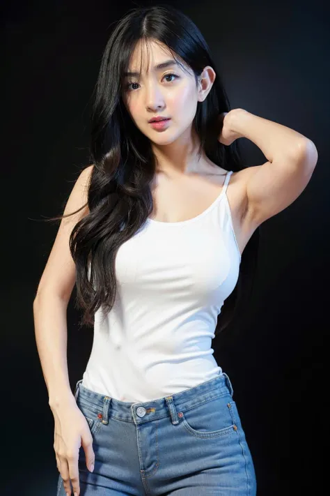 1girl, long hair, white camisole, jeans, (isolated on dark-grey background:1.2), dynamic pose, (soft lighting:1.2), shot on Canon EOS 5D, <lora:bcBeerV1.1-000011:0.85>, best quality, ultra high res, (photorealistic:1.4), masterpiece, real life skin, hyper real, perspective, detailed beautiful eyes and detailed face,
