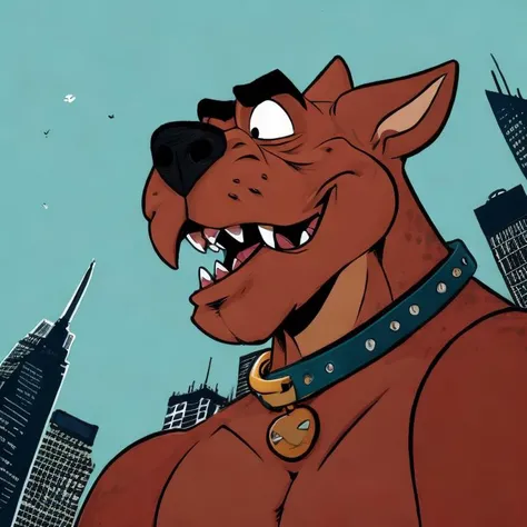 <lora:scrappydoo:1> scrappyrex, big teeth, solo
anthro, male, collar only, sad
bust portrait, city background, low-angle view
toony, flat colors
