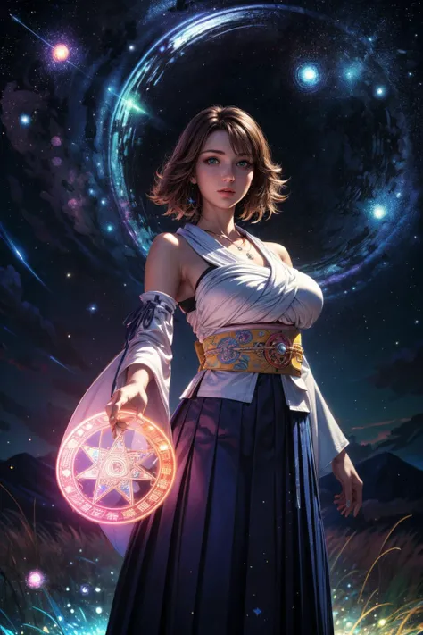 (ultra realistic,32k, masterpiece:1.2),(high detailed skin:1.1),( high quality:1.1),
<lora:YunaV3:0.8>YunaX, (heterochromia:0.8), detached sleeves, japanese clothes, sash, obi, hakama skirt, purple hakama , <lora:add_detail:0.82>,(huge breast:1.1), (looking at viewer, standing,:1.1),,
,(glow in the dark:1.1), <lora:Magic Circle_20230812103010:0.3>Magic Circle background, magic, starry night, stars,