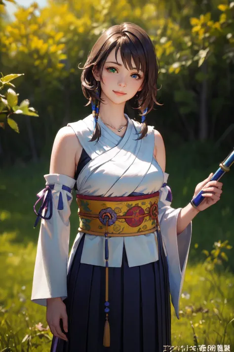 (masterpiece, best quality:1.4), (ultra high resolution:1.4), 8k illustration, extremely detailed, 3D, (realistic, photo realistic:1.4), blurry background, a Japanese girl, <lora:YunaV3:0.8> YunaX, incredible beautiful girl, elegant, gentle, extremely detailed face and eyes, heterochromia, detached sleeves, Japanese clothes, sash, obi, hakama skirt, purple hakama, (in the grassland), stairs, staff, holding staff, shy smile, looks lonely, cowboy shot