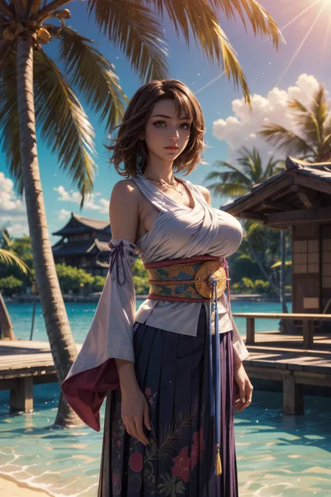 The best one,Yuna,Final Fantasy 10,FF10,Medium Hair,Brown hair,Let your bangs down,Beautiful green and blue odd eyes,,Beautiful and tall nose,Photorealistic,Ultra HD,high quality,masterpiece,Digital SLR,Detailed details,Intricate details,Anatomical basis,Depicted in detail,A detailed face,Realistic skin texture,Vivid details,Perfect Anatomy,Perfect Anatomy,Anatomically correct hand,Anatomically correct fingers,Super Detail,Complex 3D rendering,Huge ,Sexy pose,Final Fantasy 10の美しい世界,White long dress,Beautiful night sky,A beach with a beautiful starry sky,Fantastic beaches,Fantasy worldview,Picturesque,Pink Lips,smile,