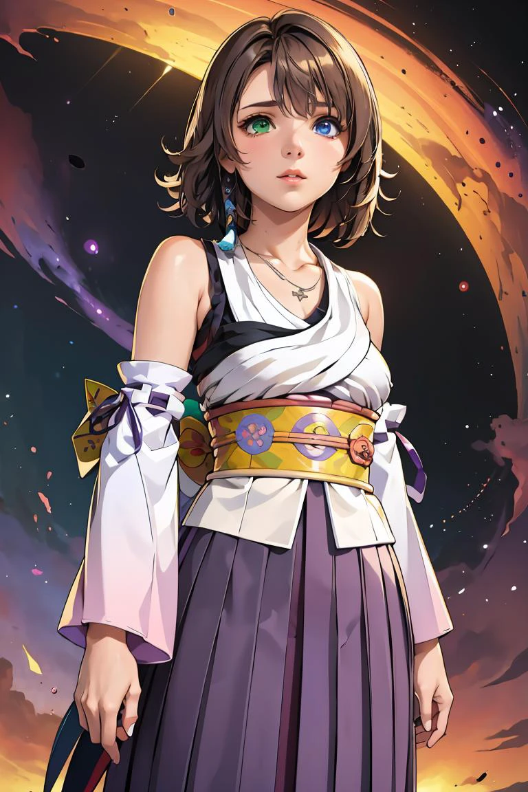 (masterpiece, best quality), 1girl, <lora:YunaV3:1> YunaX, heterochromia, detached sleeves, japanese clothes, sash, obi, hakama skirt, purple hakama