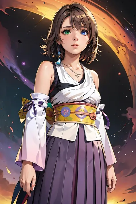 (masterpiece, best quality), 1girl,  <lora:YunaV3:1> YunaX, heterochromia, detached sleeves, japanese clothes, sash, obi, hakama skirt, purple hakama