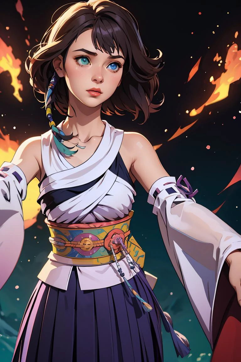 (masterpiece, best quality), 1girl, <lora:YunaV3:1> YunaX, heterochromia, detached sleeves, japanese clothes, sash, obi, hakama skirt, purple hakama