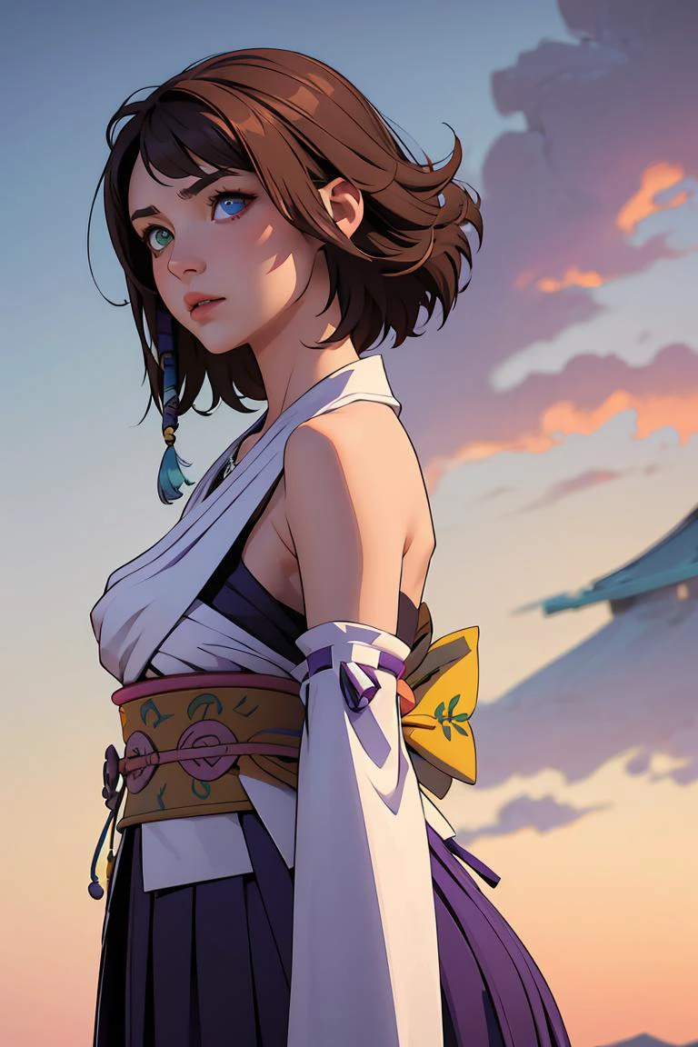 (masterpiece, best quality), 1girl, <lora:YunaV3:1> YunaX, heterochromia, detached sleeves, japanese clothes, sash, obi, hakama skirt, purple hakama