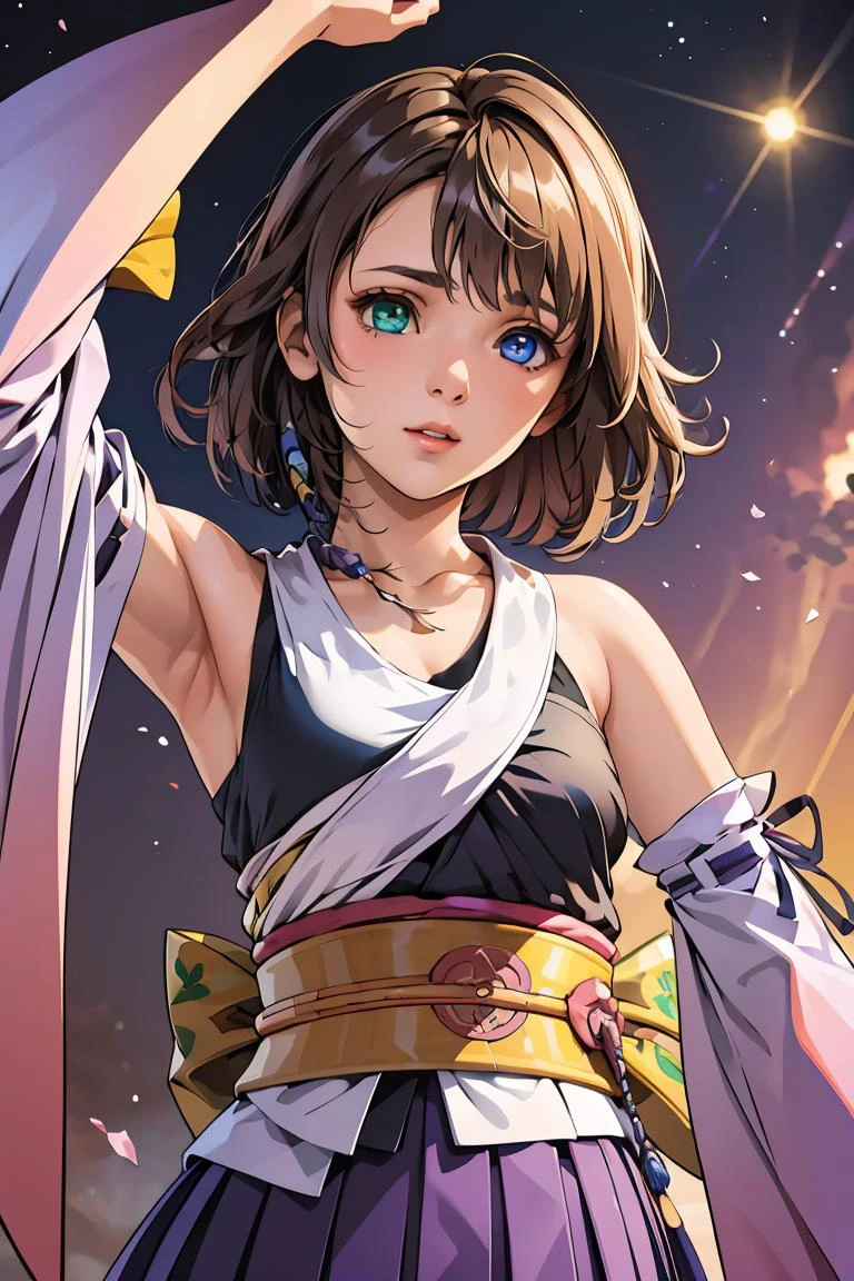 (masterpiece, best quality), 1girl, <lora:YunaV3:1> YunaX, heterochromia, detached sleeves, japanese clothes, sash, obi, hakama skirt, purple hakama