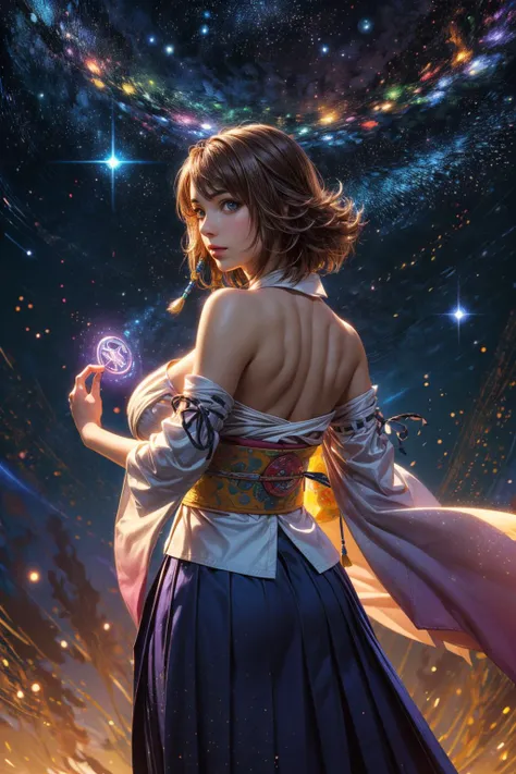(ultra realistic,32k, masterpiece:1.2),(high detailed skin:1.1),( high quality:1.1),
<lora:YunaV3:0.8>YunaX, (heterochromia:0.8), detached sleeves, japanese clothes, sash, obi, hakama skirt, purple hakama , <lora:add_detail:0.91>,(huge breast:1.1), (looking at viewer, Bend forward:1.1),,
,(lighting:1.1), <lora:Magic Circle_20230812103010:0.3>Magic Circle background, magic, starry night, stars,