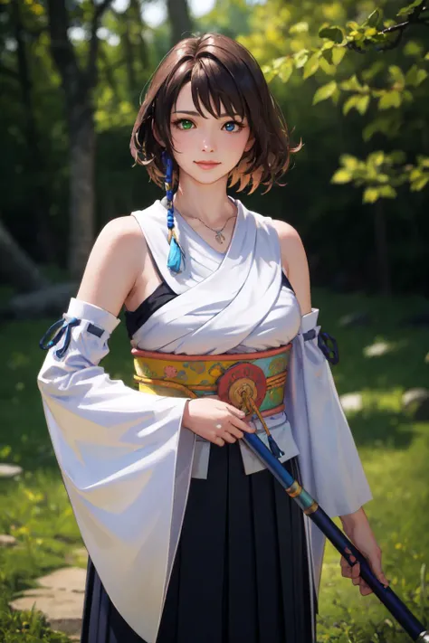 (masterpiece, best quality:1.4), (ultra high resolution:1.4), 8k illustration, extremely detailed, 3D, (realistic, photo realistic:1.4), blurry background, a Japanese girl, <lora:YunaV3:0.9> YunaX, incredible cute girl, elegant, gentle, extremely detailed face and eyes, heterochromia, detached sleeves, Japanese clothes, sash, obi, hakama skirt, purple hakama, (in the grassland), stairs, staff, holding staff, shy smile, looks lonely, cowboy shot