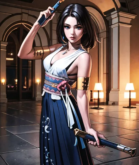 grainy, extremely detailed, masterpiece, high quality, <lora:Yuna:0.8>, yuna holding weapon, weapon