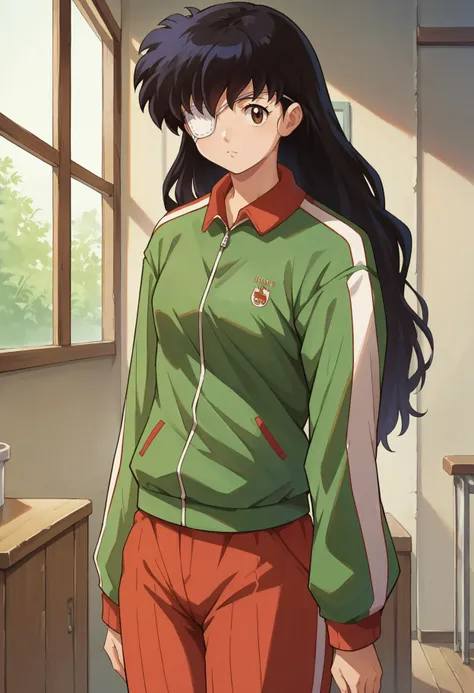 score_7, score_8_up, score_7_up, source_anime, 1girl, solo, looking at viewer, <lora:EPinKagumeSDXL-13:1.0>, EPinKagome, black hair, brown eyes, long hair, detailed background, track jacket, bellbottoms, eyepatch, cowboy shot, indoors, [living room|kitchen|bed room|classroom|bath room| train interior| car interior]