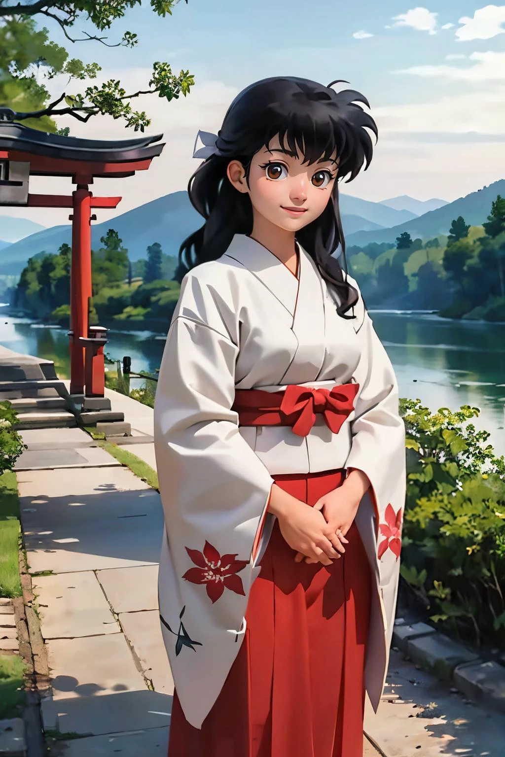 EPinKagome black hair, brown eyes, traditional kimono, sash, long sleeves, looking at viewer, serious, smiling, standing, hands together, outside, shrine, red torii, trees, mountain, sunset, high quality, masterpiece <lora:EPinKagome:.7>