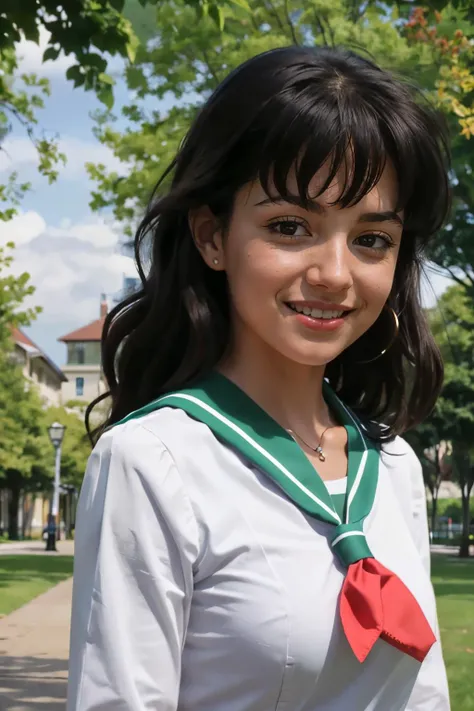 EPinKagome black hair, brown eyes, green sailor collar, neckerchief, school uniform,looking at viewer, smiling, close up, outside, park, trees, sunny, high quality, masterpiece  <lora:EPinKagome:.7>