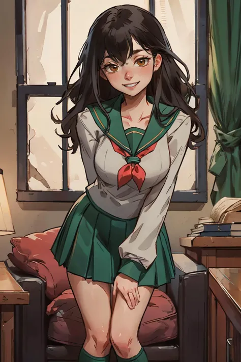 EPinKagome black hair, brown eyes, green skirt, kneehighs, green sailor collar, long sleeves, neckerchief, school uniform, looking at viewer, smiling, teeth, standing, leaning forward, hands on knees, inside cozy living room, soft lighting, high quality, masterpiece <lora:EPinKagome:.7>