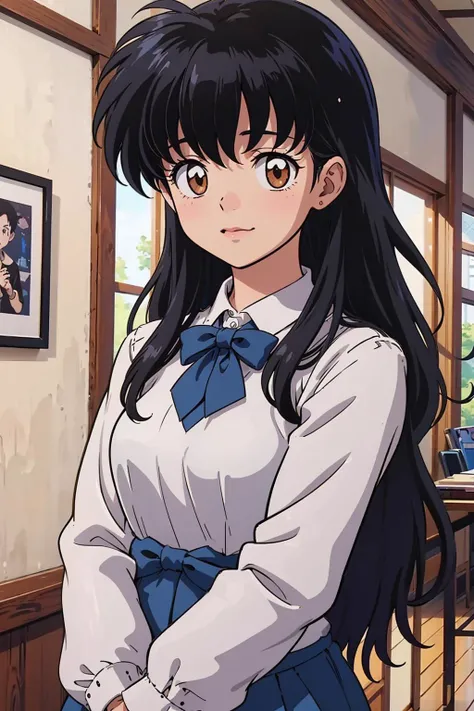 masterpiece, best quality, 1girl, solo, looking at viewer, <lora:EPinKagome-13:0.7>, EPinKagome black hair, brown eyes, detailed background, anime coloring, anime screencap, 2000s \(style\), focused, fantasy land, day, sunny, victory pose, blue tuxedo, squinting