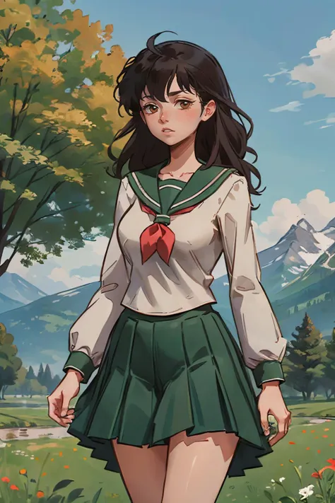 EPinKagome black hair, brown eyes, green skirt, kneehighs, green sailor collar, long sleeves, neckerchief, school uniform, looking at viewer, serious, standing, outside, field, trees, mountain, blue sky, high quality, masterpiece <lora:EPinKagome:.7>