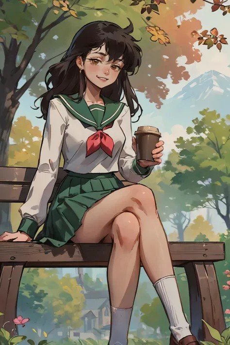 EPinKagome black hair, brown eyes, green skirt, white socks, green sailor collar, long sleeves, neckerchief, school uniform, looking at viewer, serious, smiling, sitting, on bench, outside, legs crossed, holding coffee cup, outside, garden, trees, sunny, high quality, masterpiece <lora:EPinKagome:.7>