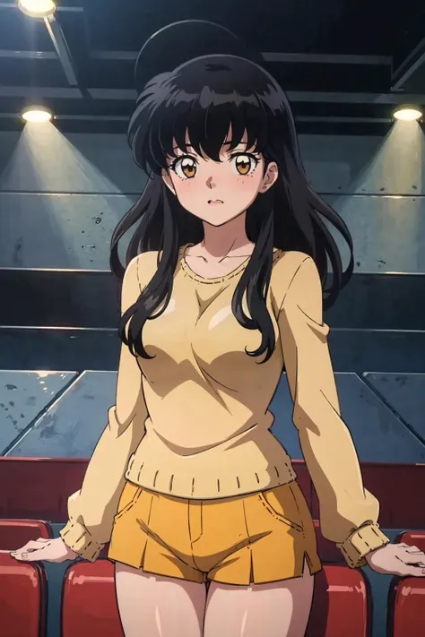 masterpiece, best quality, 1girl, solo, looking at viewer, <lora:EPinKagome-13:0.7>, EPinKagome black hair, brown eyes, detailed background, anime coloring, anime screencap, 2000s \(style\), rule of thirds, concert, stage, stage lights, idol, day, clouds, v arms, yellow sweater, hotpants, embarrassed, nose blush