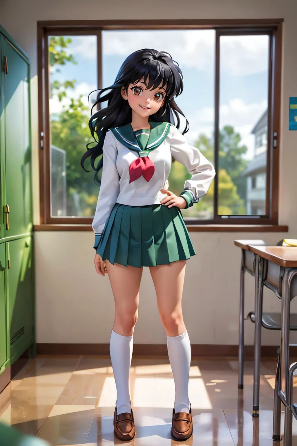 EPinKagome black hair, brown eyes, green sailor collar, neckerchief, school uniform,green skirt, thighhigh socks, loafers, looking at viewer, smiling, full body shot, standing, inside school classroom, lockers, window, trees, blue sky, high quality, masterpiece <lora:EPinKagome:.7>