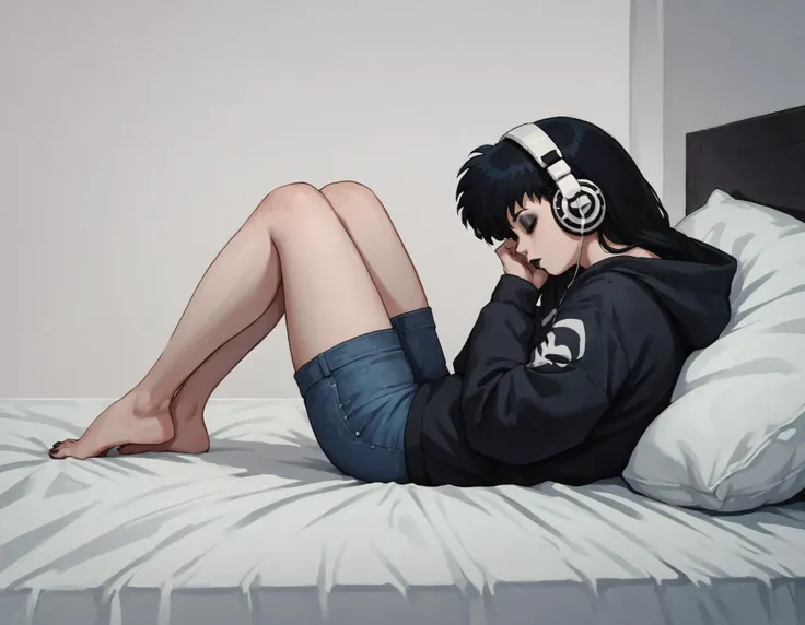 <lora:EPinKagumeSDXL:1> epinkagome, score_9, score_8_up, score_7_up, 1girl, goth, jeans, pale skin, looking at viewer, black hoodie, eyeshadow, black lips, closed eyes, laying on bed, from side, headphones, relaxing, legs,