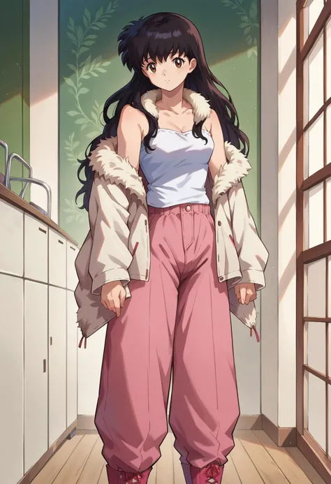 score_7, score_8_up, score_7_up, source_anime, 1girl, solo, looking at viewer, <lora:EPinKagumeSDXL-13:1.0>, EPinKagome, black hair, brown eyes, long hair, detailed background, fur-trimmed jacket, pink pants, elbow gloves, rudder footwear, cowboy shot, indoors, [living room|kitchen|bed room|classroom|bath room| train interior| car interior]