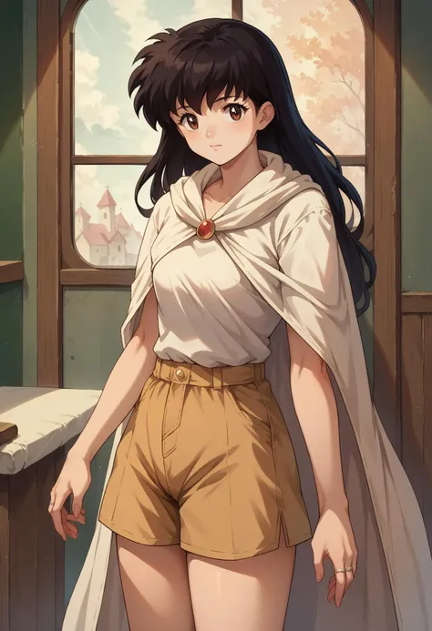 score_7, score_8_up, score_7_up, source_anime, 1girl, solo, looking at viewer, <lora:EPinKagumeSDXL-13:1.0>, EPinKagome, black hair, brown eyes, long hair, detailed background, cape, vermilion shorts, (ring), cowboy shot, indoors, [living room|kitchen|bed room|classroom|bath room| train interior| car interior|bus interior|bus stop|train station|changing room| stairwell]