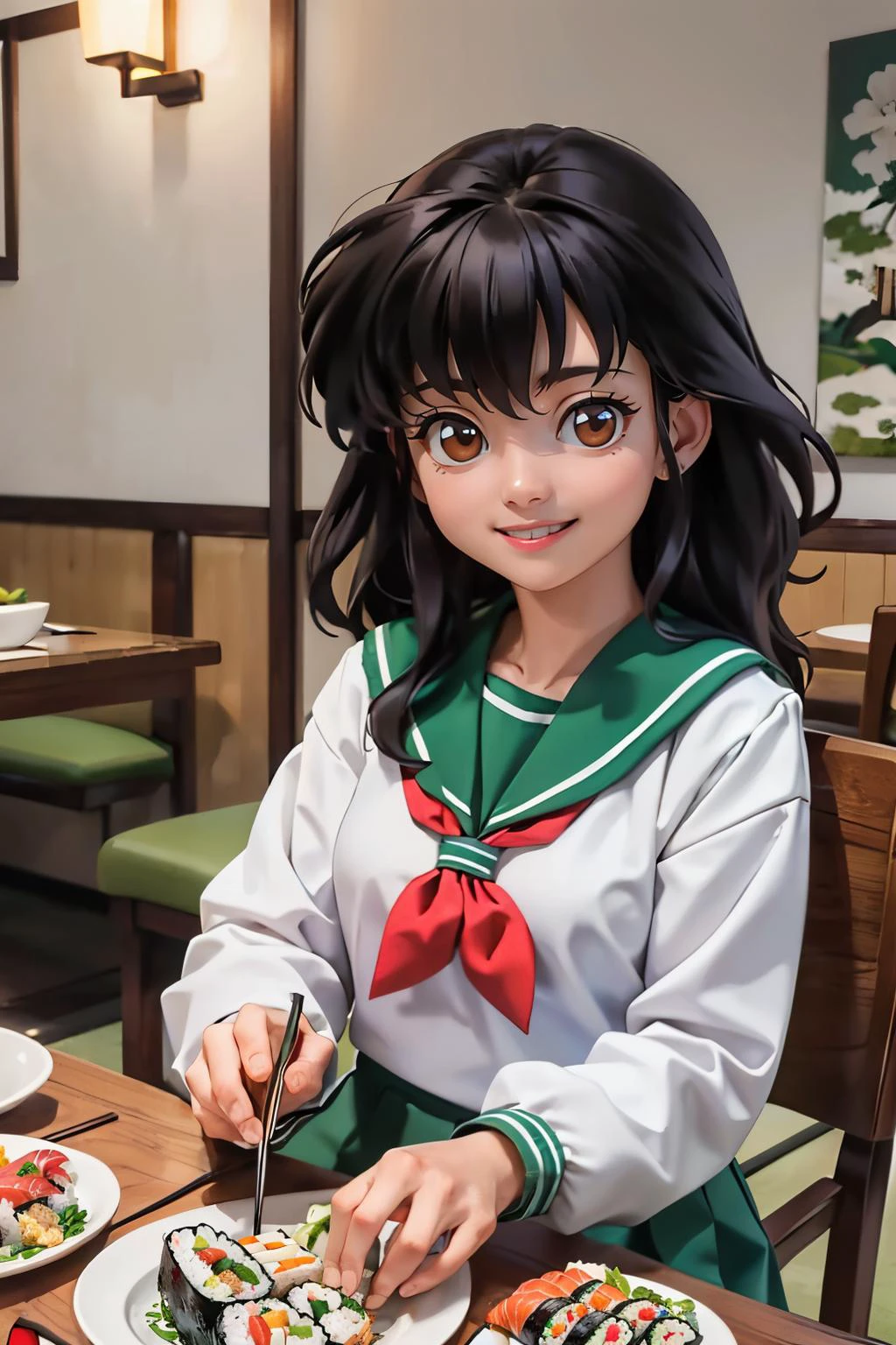 EPinKagome black hair, brown eyes, green sailor collar, neckerchief, school uniform,green skirt, looking at viewer, smiling, teeth, sitting, on chair, behind a table, inside japanese restaurant, table full of food, sushi, high quality, masterpiece <lora:EPinKagome:.7>
