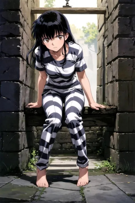 (masterpiece, best quality, detailed), 1girl, solo, looking at viewer, <lora:EPinKagome:0.7>, EPinKagome, black hair, brown eyes, retro artstyle, <lora:priclothes:0.7>, priclothes, striped clothes, shirt, indoors, dungeon, slave, prison, prison cell, brick wall, cracked wall, bars, dark, backlighting, all fours, full body, short sleeves, pants, barefoot, stone floor, on floor, angry, glaring, closed mouth